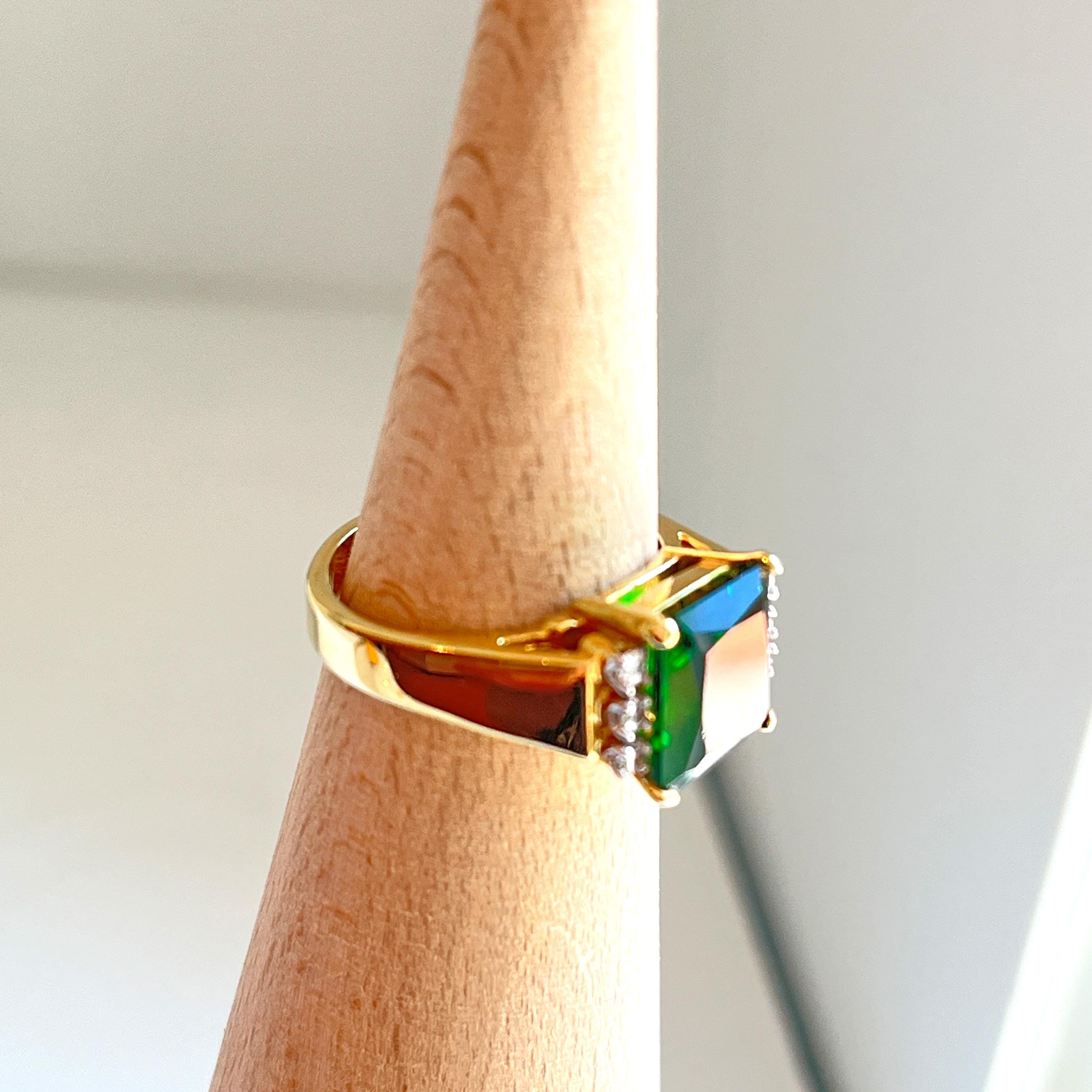 Vintage Art Deco Revival Emerald Green Rhinestone Ring EDCO 1970s Size ...