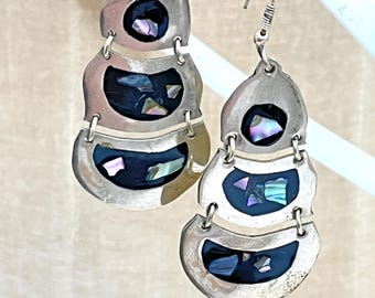 Vintage Artisan Made Alpaca Mexico Articulated Chandelier Earrings With Abalone 1970s