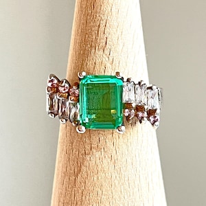 Vintage Emerald Cut Aquamarine Sterling Silver Ring Size 8 1/2
