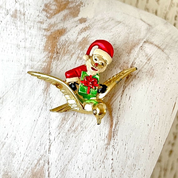 Vintage Enamel Gold Tone Santa Bird Brooch Pin - image 1