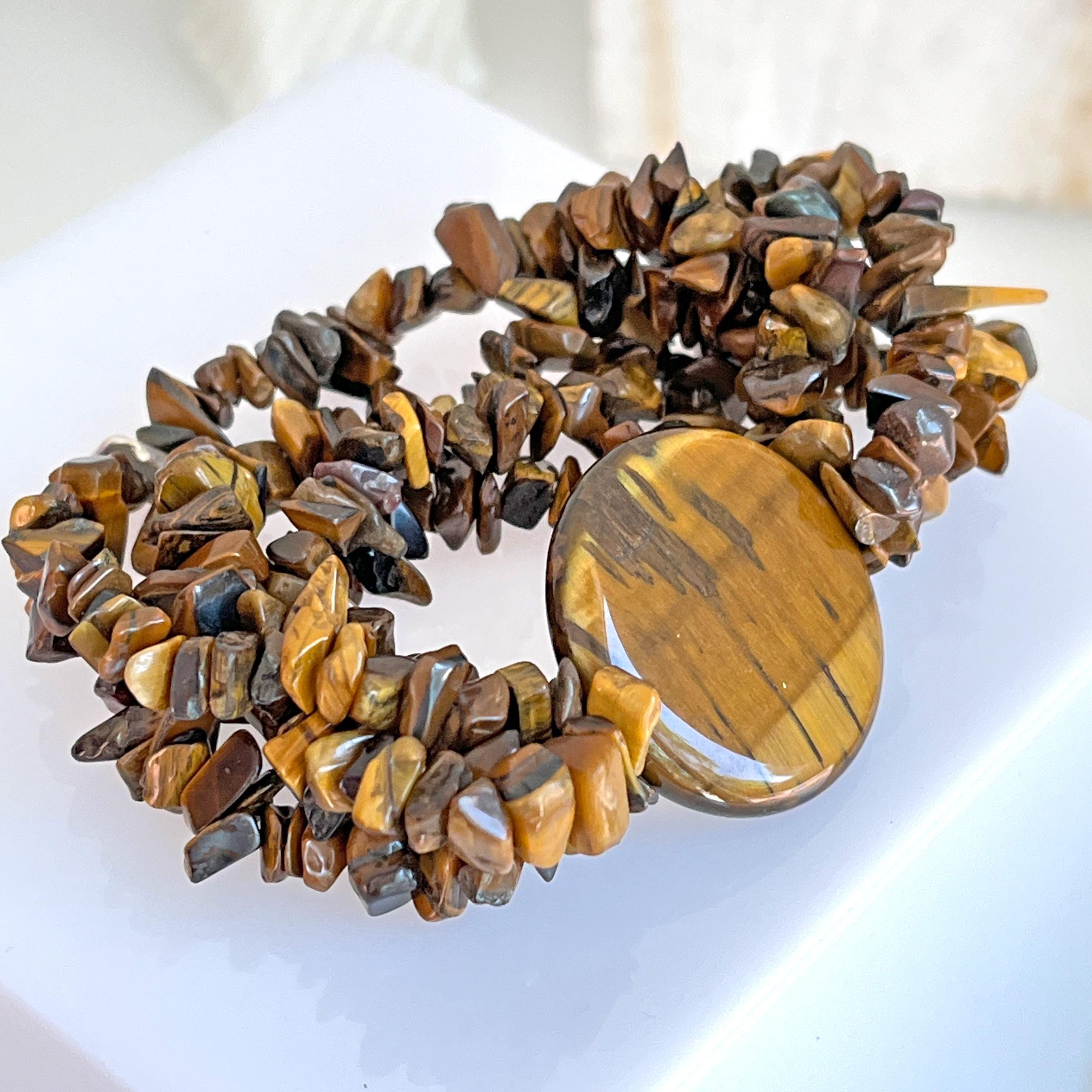 Taddart Minerals – Bracciale giallo marrone in gemma naturale occhio di tigre, con sfere da 4 mm su filo di nylon elastico, realizzato a mano