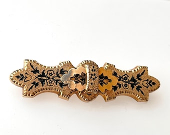 Antique Ornate Victorian Black Enamel Mourning Gold Bar Brooch Pin