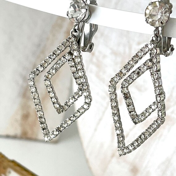 Vintage Large Diamond Shape Dangle Rhinestone Cli… - image 6