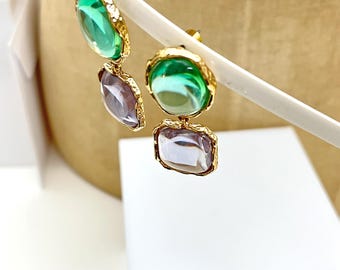 Modern Gold Seafoam Green Lilac Lavender Resin Drop Earrings