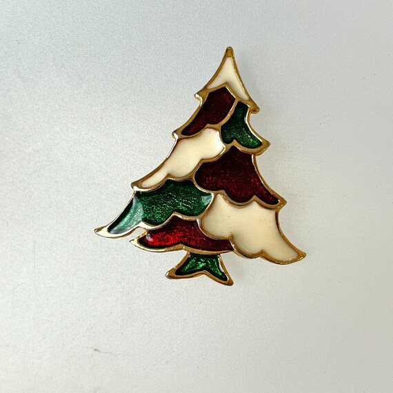 Vintage Red Green Enamel Christmas Tree Pin Signe… - image 2