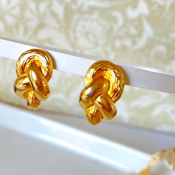 Vintage Gold Tone JS Love Knot Earrings 70s 80s - image 1