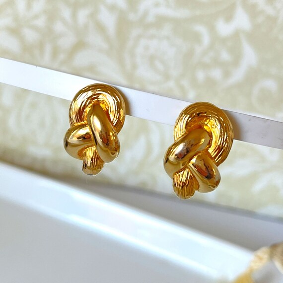 Vintage Gold Tone JS Love Knot Earrings 70s 80s - image 2