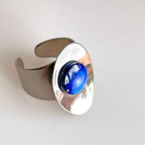Vintage Concave Blue Moon Glow Minimalist Lucite Chrome Ring 1970s 1960s Adjusts