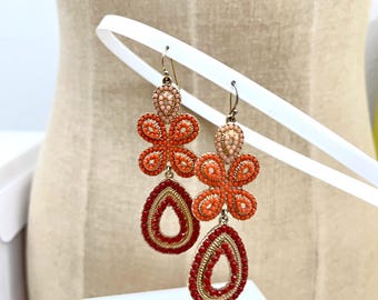Long Autumn Orange Stella & Dot Beaded Ethnic Dangle Earrings