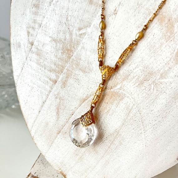 Delicate Antique Crystal Pendant Necklace Circa 1… - image 1