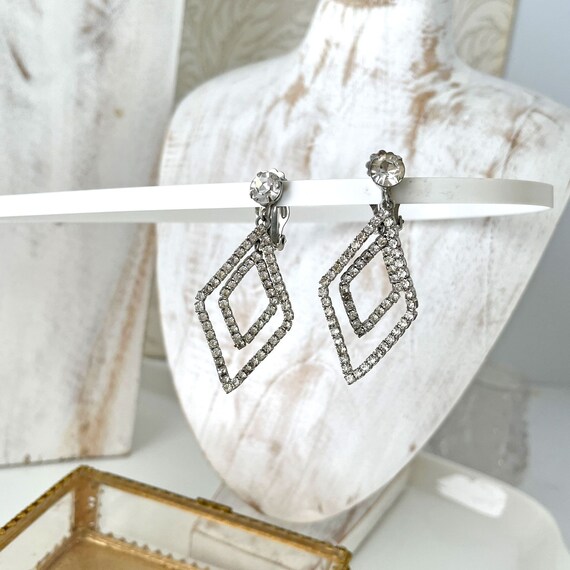 Vintage Large Diamond Shape Dangle Rhinestone Cli… - image 5