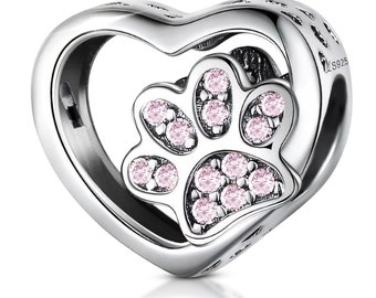Dog / Cat Paw Open Heart Love Pendant Bracelet Chain Charm -  Real 925 Sterling Silver - Pink Zircon Gem - For Pandora Bracelets + POUCH