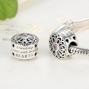 925 Sterling Silver Friendship Heart Charm with Pink Zircon – Engraved 'Friendship Starts With Loving Hearts' Pendant Bead, Best Friend Gift