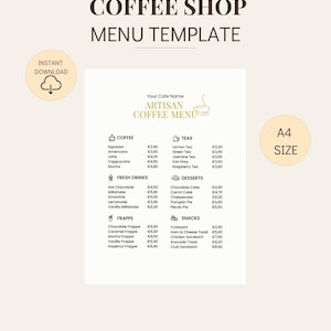 Könnte beinhalten: Eine in Canva bearbeitbare Speisekarte für ein Café. Das Design umfasst Kaffee, Tees, frische Getränke, Frappés, Desserts und Snacks. Das Menü hat das Format A4 und ist sofort zum Download verfügbar.