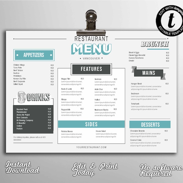 Trendy Restaurant Menu Template, Blue Restaurant Menu Template, Modern Food Menu, Modern Food Menu Template, Food & Drink Menu, Templett