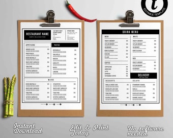 Simple Restaurant Menu Template, Restaurant Food Menu Template, Simple Menu Template, Editable in Templett, DIY Menu