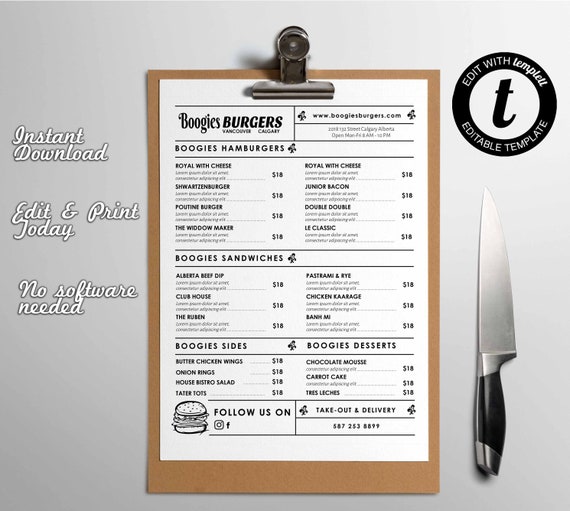 Casual Restaurant Menu Template Simple Fast Casual Menu Etsy