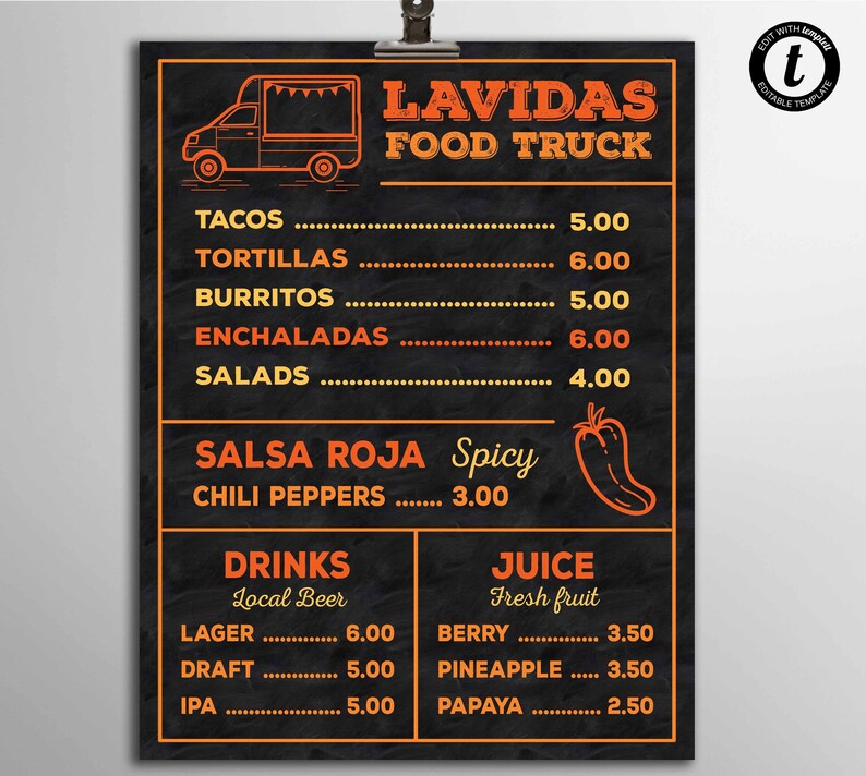 Food Truck Menu Template, Simple Menu Template, Fast Food Menu, DIY