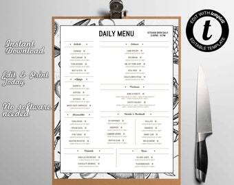 Simple Restaurant Menu Template, Restaurant Menu Template, Simple Menu Template, Editable in Templett, DIY