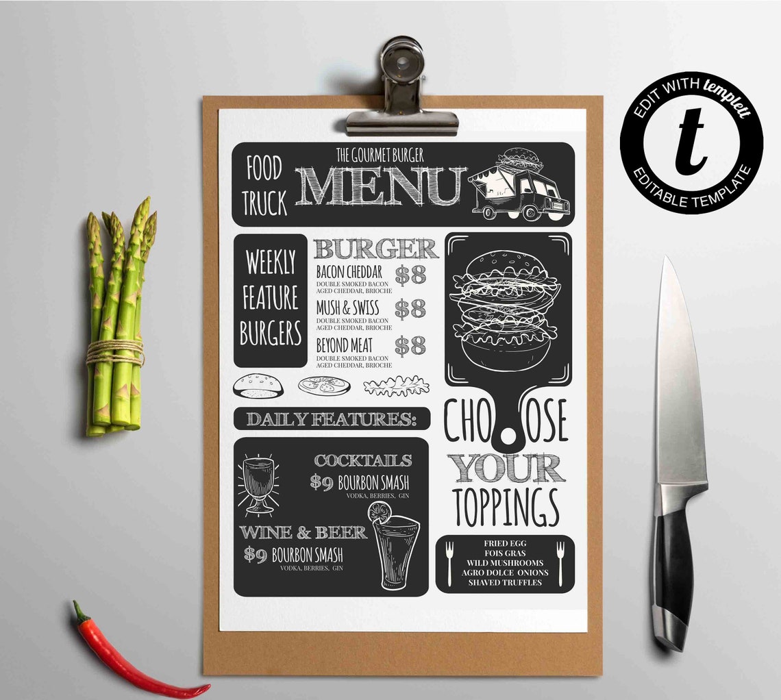 Food Truck Menu Template, Burger Food Truck Menu Template, Editable Food Truck Menu in Templett