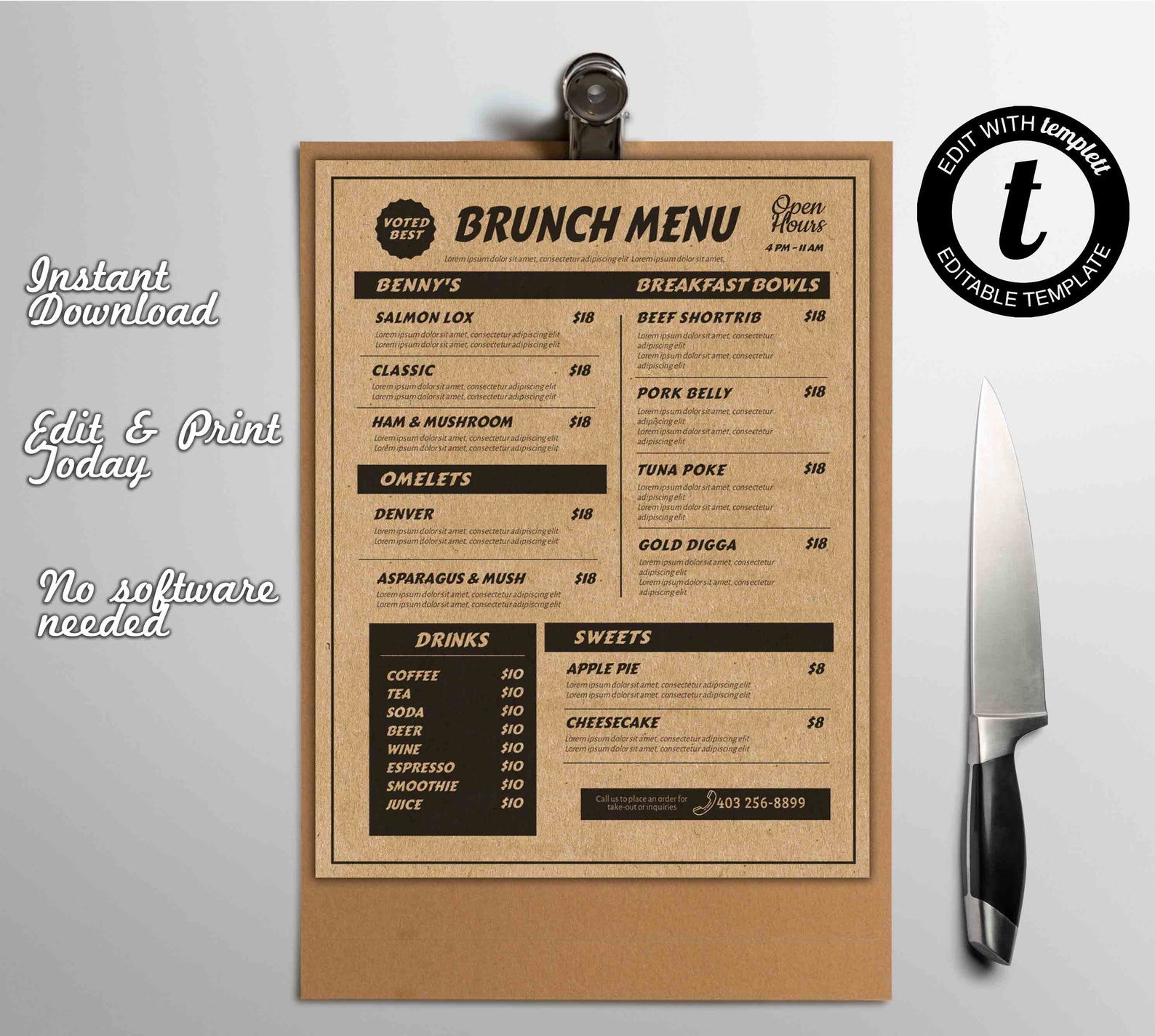 Diner Menu Template, Printable Brunch Menu, DIY Menu, Menu Template ...