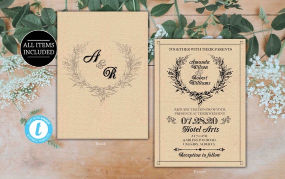 Simple Vintage Wedding Invitation Complete Package Set