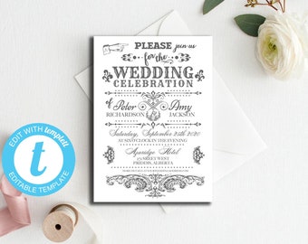 Old Fashioned Typography Wedding Invitaion Rustic Wedding Invitation Template, Instant Download Printable Invitation