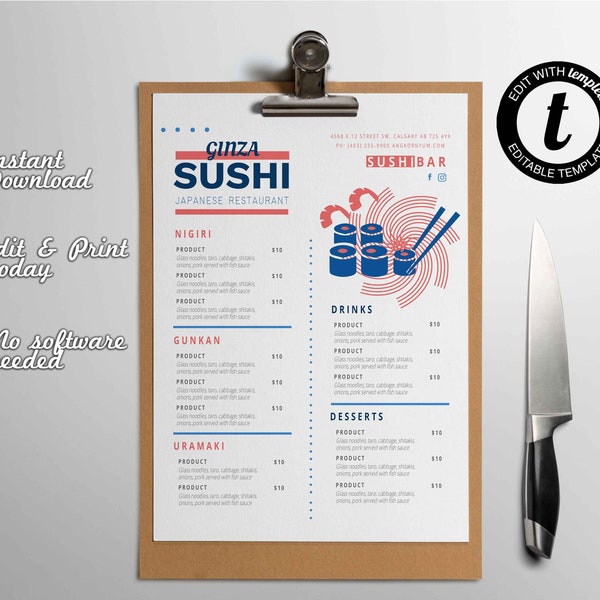 Sushi Restaurant Menu Template, Japanese Restaurant Menu Template, Simple Menu Template, Editable in Templett, DIY Menu