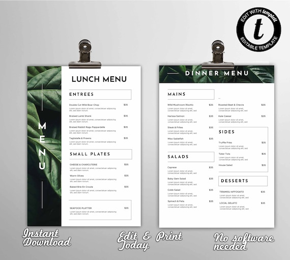 Minimalist Restaurant Menu Template DIY Menu Design Template | Etsy