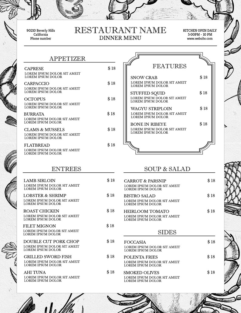 Seafood Restaurant Menu, Seafood Restaurant Menu Template, Simple Restaurant Menu Template, Simple Menu Design in Templett, Menu Templett image 3