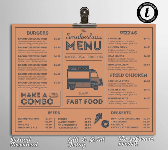 Food Truck Menu Template Restaurant Menu Templates Fast Food Etsy