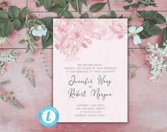 Pink Floral Wedding Invitation, Printable Wedding Invitation Set, Wedding Invitation Template Download, Wedding Invites, Wedding Printables