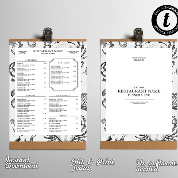 Seafood Restaurant Menu, Seafood Restaurant Menu Template, Simple Restaurant Menu Template, Simple Menu Design in Templett, Menu Templett