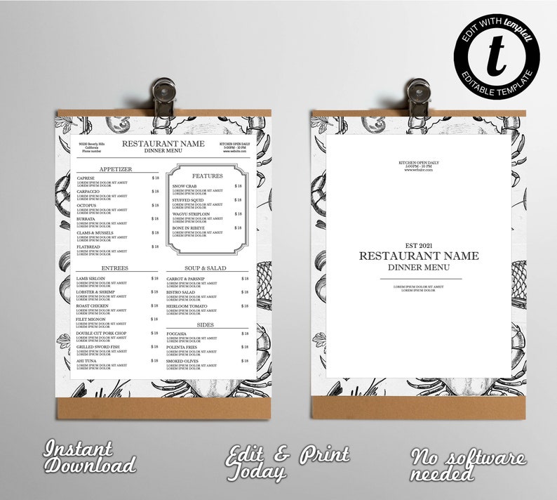 Seafood Restaurant Menu, Seafood Restaurant Menu Template, Simple Restaurant Menu Template, Simple Menu Design in Templett, Menu Templett image 1