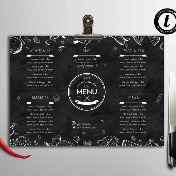 Chalkboard Style Menu Template, Restaurant Menu Templates, DIY Menu Template