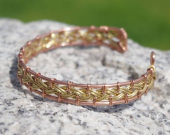 Braided Brass & Copper Wire Wrapped Bracelet, Adjustable Bohemian Cuff