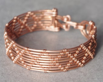 Pure copper wide, wire wrapped bracelet, zigzag square, rustic, medieval, celtic, boho, vintage style