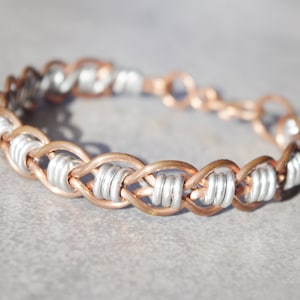 Unisex wrapped pure copper and aluminium wire bracelet. Aluminium cuff bangle. Double wave, braid. Gift for woman for anniversary, birthday