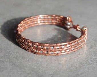 Handmade Copper Wire Bangle Bracelet, Two-Tone Checker Cuff