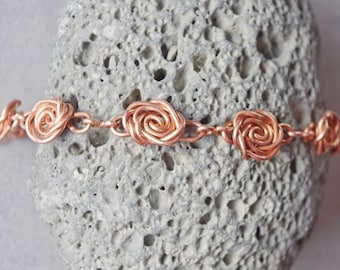 Copper Wire Wrapped Rose Bracelet, Handmade Bangle