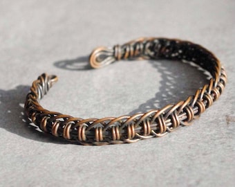 Wire Wrapped Copper Cuff Bracelet, Oxidized Alien Tail Design