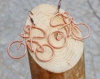 Copper Cycling Earrings, Dainty Bicycle Dangle Jewelry