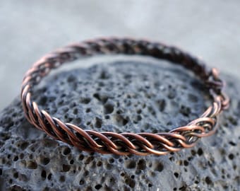 Pure copper wire wrapped oxidized bracelet. Double wave, braid pattern.