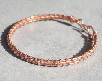 Pure copper wire wrapped bracelet. Square, saw tooth wave pattern, braid.