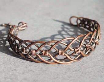 Oxidized Copper Wire Wrapped Bangle Bracelet, Triple Wave Design