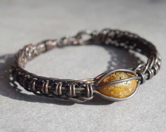 Oxidized Copper Bracelet, Wire Wrapped Amber Stone, Handmade Vintage Style