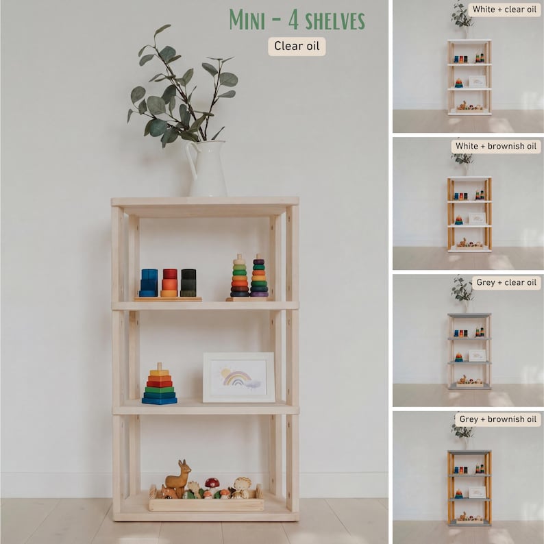 May include: A four-shelf wooden bookcase with a natural finish. The shelves display colorful wooden toys, a framed picture, and decorative items. The text "MINI - 4 SHELVES" and "Clear oil" are visible at the top. The bookcase is designed for storage and display.