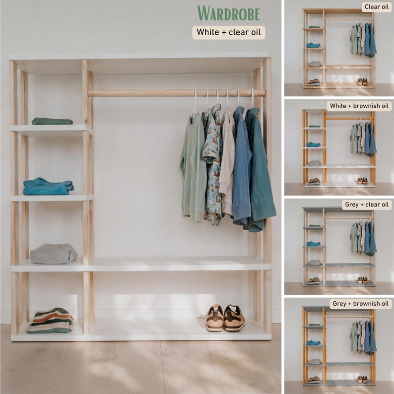 May include: A white and natural wood wardrobe with shelves and a hanging rod. The wardrobe has a clean design and is filled with folded clothes, hanging garments, and shoes. The text "WARDROBE" and "White + clear oil" is visible.