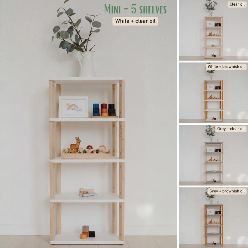 May include: A white and natural wood five-shelf bookcase with the text "MINI - 5 SHELVES" and "White + clear oil". The shelves display toys and decorative items. Additional images show variations with different finishes.