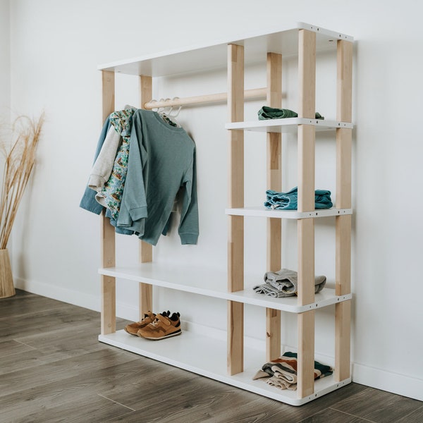 Montessori wardrobe with shelves/ Solid wood clothing rack for kids / Open clothing storage/ Modular shelf